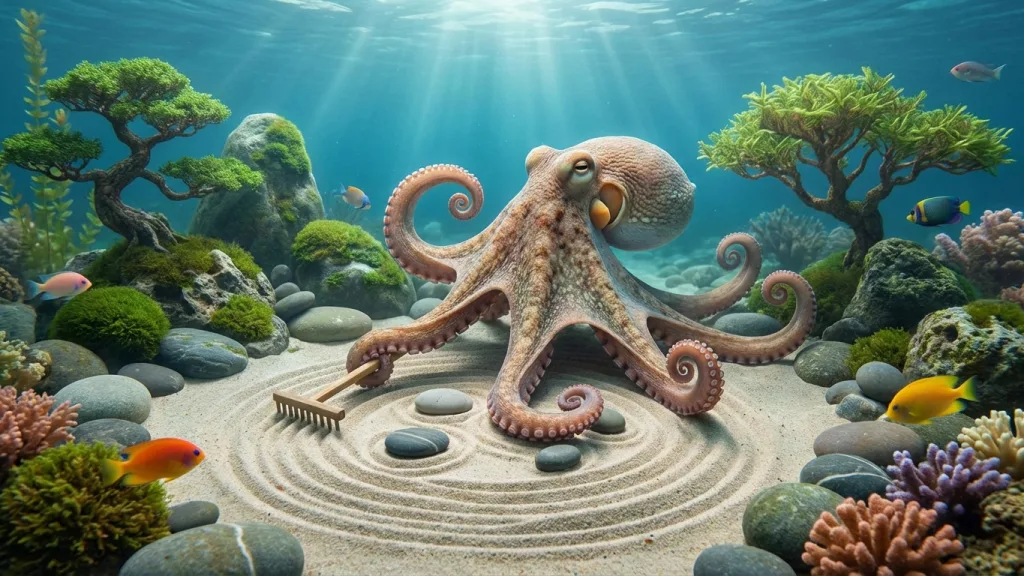 an octopus tending a serene underwater zen garden